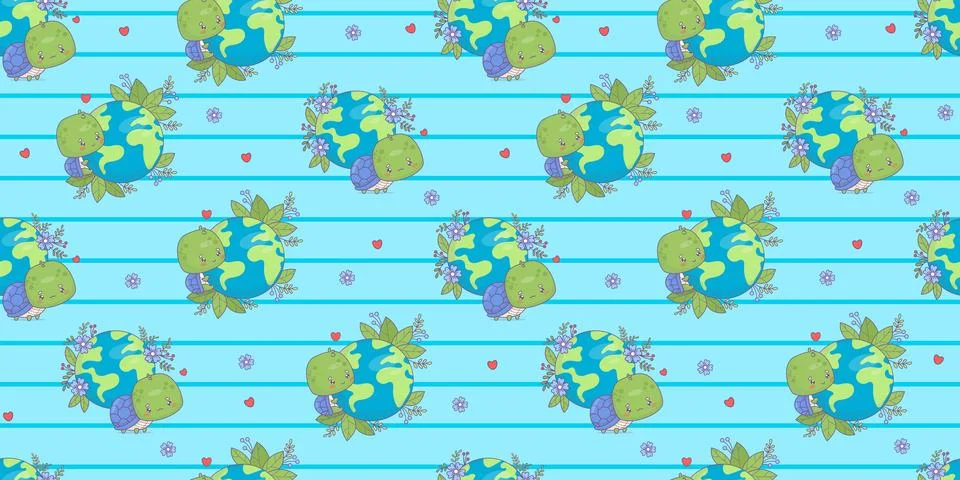 Ecology seamless pattern. Cute turtle character with green planet Earth and.. Stock Illustration
