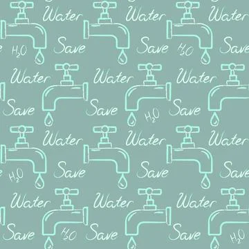 Ecology seamless pattern with Save Water text Stock Illustration