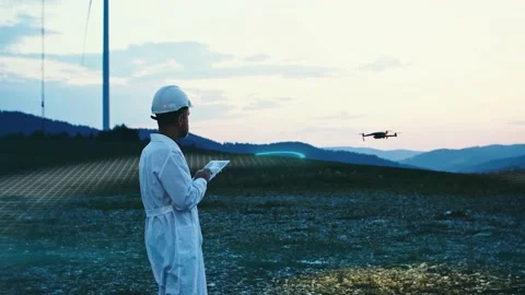 Ecology specialist in white uniform controls flying drone working at wind power Stock Footage 157652148