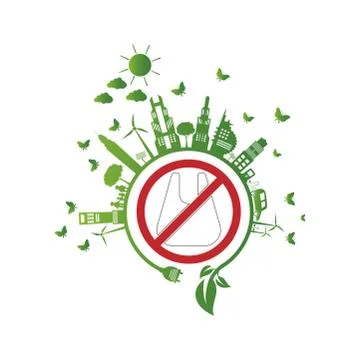 Ecology.Green cities help No plastic bags eco-friendly concept ideas.vector i Stock Illustration