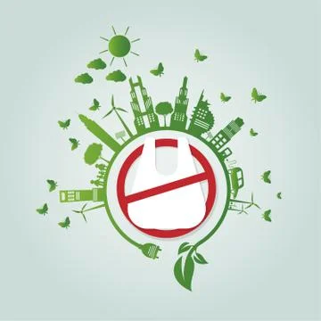 Ecology.Green cities help No plastic bags eco-friendly concept ideas.vector i Stock Illustration