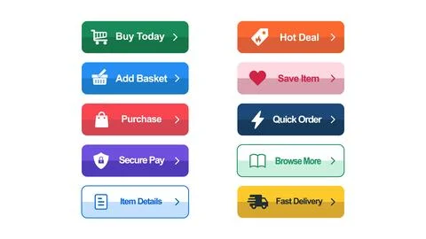 Ecommerce button set with buy, basket, purchase, secure pay, details, hot d.. Stockillustratie
