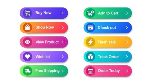 Ecommerce button set with buy, cart, shop, checkout, product, sale, wishlis.. Stockillustratie