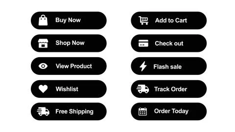 Ecommerce button set with buy, cart, shop, checkout, product, sale, wishlis.. Stock Illustration
