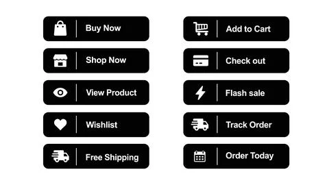 Ecommerce button set with buy, cart, shop, checkout, product, sale, wishlis.. Stock Illustration