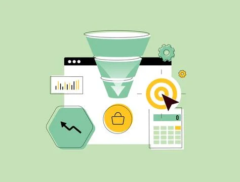 Ecommerce conversion funnel illustrating conversion optimization, funnel metrics Stock Illustration