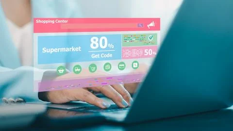 Ecommerce digital shopping interface with discount coupon and online deal d.. Stock Photos