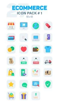 Ecommerce Flat Icon Pack #1, Color Ecommerce Vector Icons Set Stock Illustration