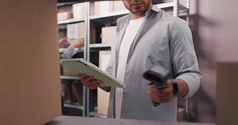 Ecommerce, hands and barcode scanner with tablet for box shipping, online order Stock Footage 321401142