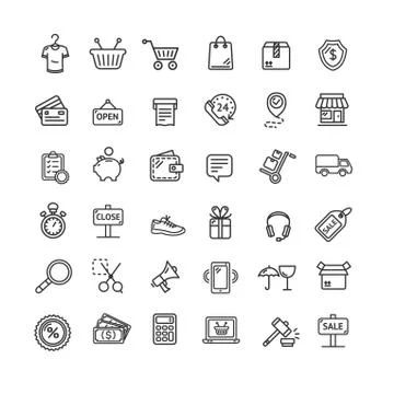 Ecommerce Icon Black Thin Line Set. Vector Illustrazione stock