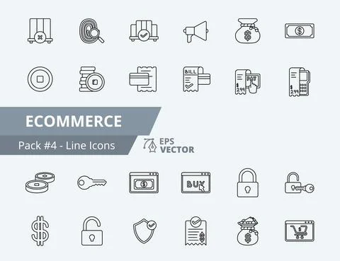 Ecommerce Icon Pack 4, 24 Ecommerce Line Icons set Stock Illustration