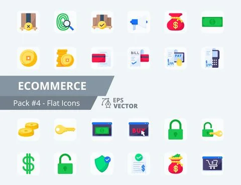 Ecommerce Icon Pack 4, 24 Ecommerce Flat Icons set Stock Illustration