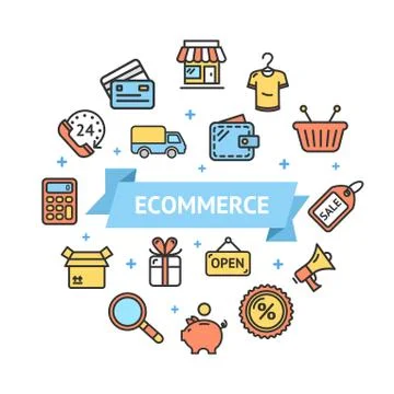 Ecommerce Icon Round Design Template Thin Line Concept. Vector Stock Illustration