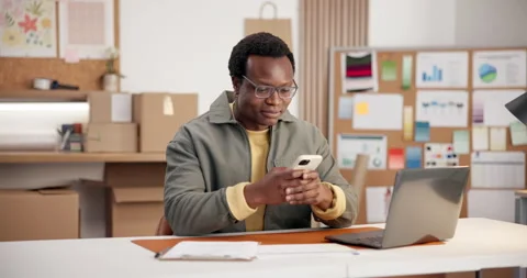 Ecommerce, man and typing in office with phone, search website data or good Stock Footage 345701159