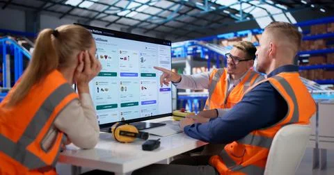 Ecommerce Manager Checks Order Analytics On Desktop In Busy Warehouse Office. Stock Photos