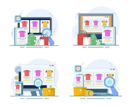 Ecommerce marketing set featuring online shop promotion, SEO strategies Stock Illustration
