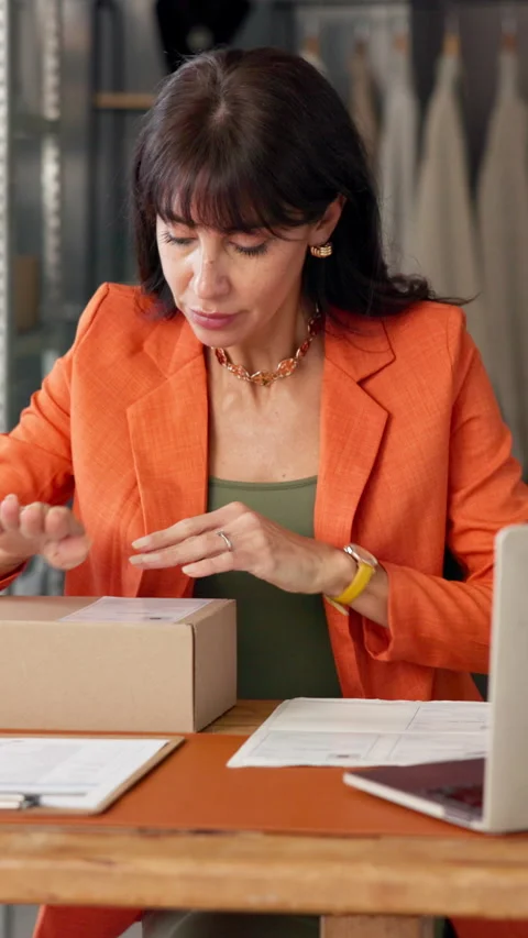 Ecommerce, packaging or entrepreneur with label for box, shipping process or Stock Footage 320600951