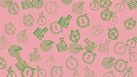 Ecommerce pattern online chess targets a group buying money bags and signing pin Video stock 322939369