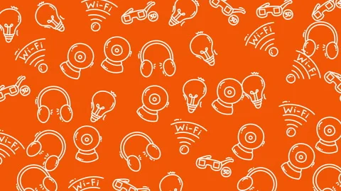 Ecommerce pattern orange tech icons webcam headphones etc create a modern shoppi Stock Footage 322130727