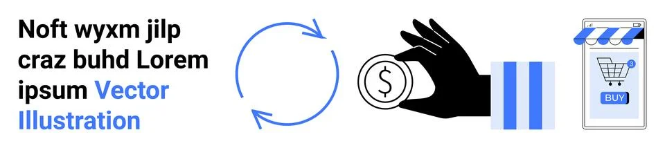 Ecommerce Payment Process with Circular Arrows, Coin in Hand, Online Store Ic Stock Illustration