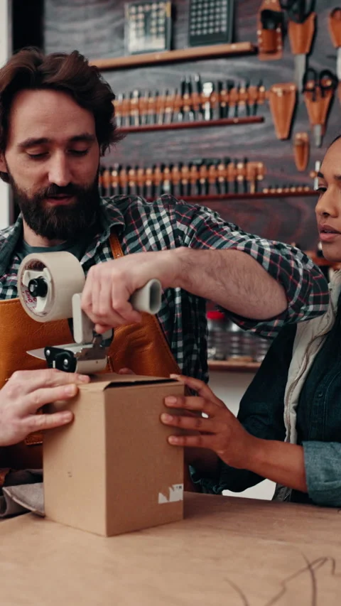 Ecommerce, people or tape box in leather workshop for delivery, shipping and Stock Footage 332929902