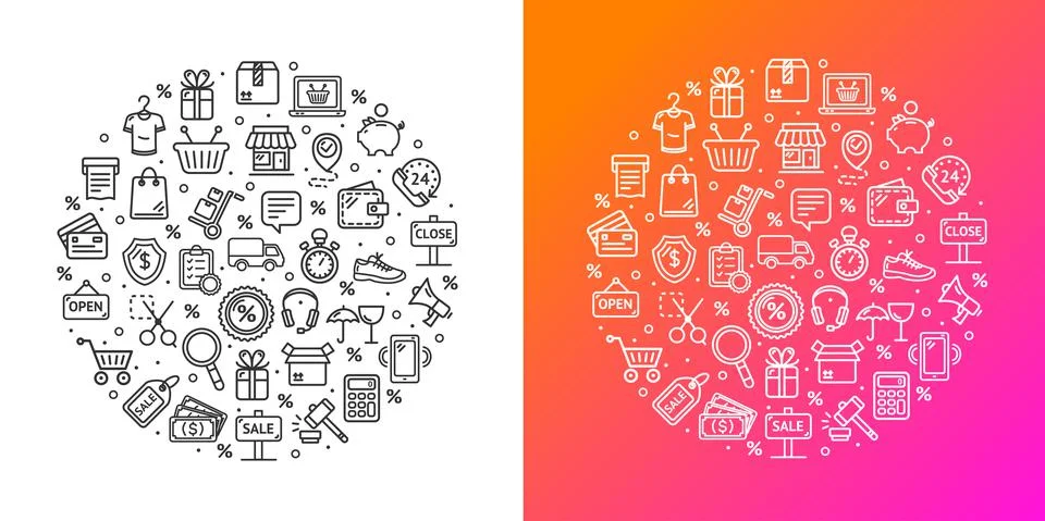 Ecommerce Round Design Template Thin Line Icon Concept. Vector Illustrazione stock