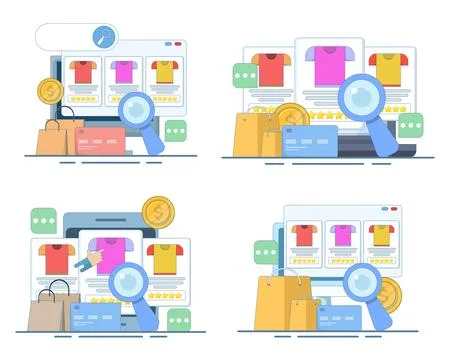 Ecommerce SEO set featuring online products, search engine results Stock-Illustration