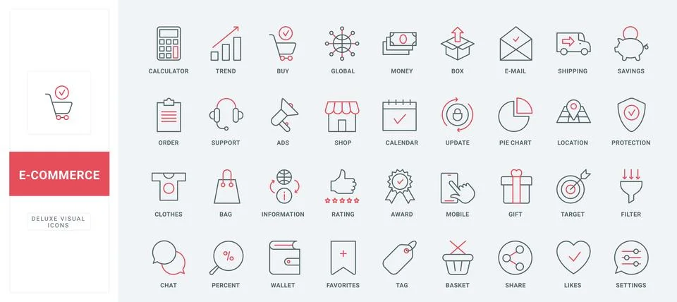 Ecommerce thin black and red line icons set, shop advertising, online purchases 스톡 일러스트