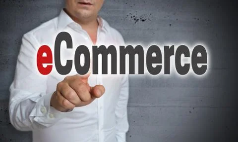 ECommerce touchscreen is operated by man Stock Photos