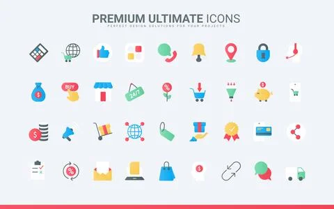 Ecommerce trendy flat icons set, online business collection with mobile apps for Stock Illustration