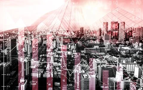 Economic crisis concept graphs falling down with modernistic urban, city area. 写真素材