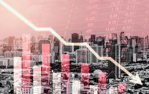 Economic crisis concept graphs falling down with modernistic urban, city area. Stock Photos