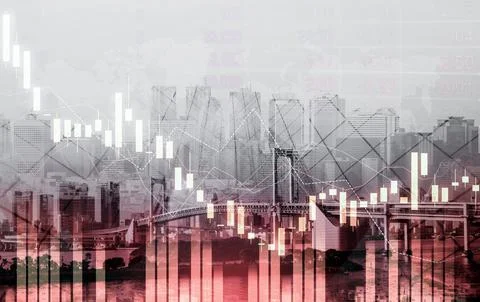 Economic crisis concept graphs falling down with modernistic urban, city area. 库存照片