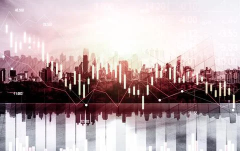 Economic crisis concept graphs falling down with modernistic urban, city area. 写真素材