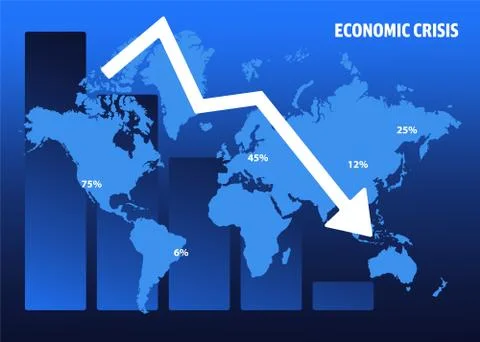Economic crisis. Graph with down arrow and world map. Illustrazione stock