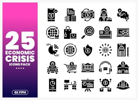 Economic crisis icon pack featuring financial and business symbols. Vector .. Stock Illustration