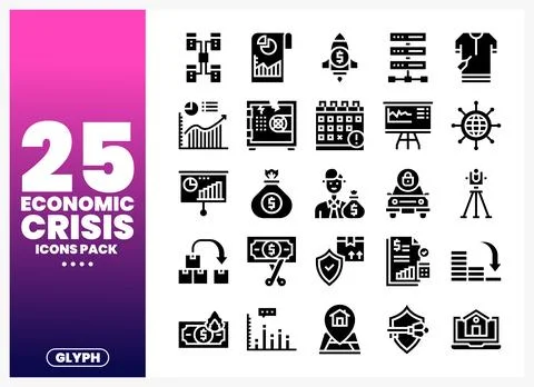 Economic crisis icon pack featuring business and finance symbols on a white.. Stock Illustration