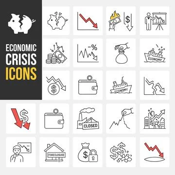Economic crisis icon set with broken piggy bank, foreclosure house, and fal.. Stock Illustration
