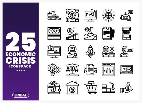 Economic crisis icons pack featuring financial charts. falling money. and b.. Ilustração Stock
