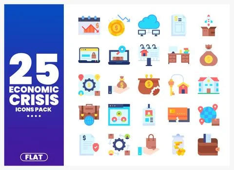 Economic Crisis Icons Pack. Flat Style Stock Illustration
