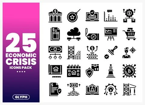 Economic Crisis Icons Pack presented on a gradient background Stock Illustration