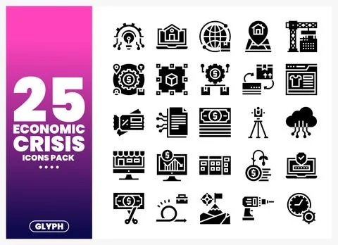 Economic Crisis Icons Pack vector graphic set. displayed on a white backgro.. Stock Illustration