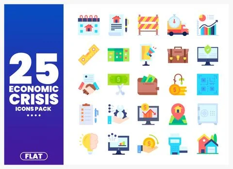 Economic Crisis Icons Pack Visualizing financial downturn with flat graphics Stock Illustration
