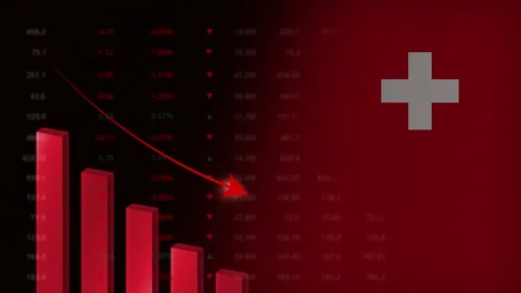 Economic crisis in Switzerland.Red falling graph animation with Swiss flag Stock Footage 347154853
