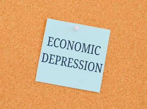 ECONOMIC DEPRESSION reminder note over a kork board.Economic Impact Of Covid Stock Photos