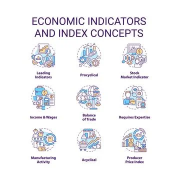 Economic indicators and index concept icons set 库存插图