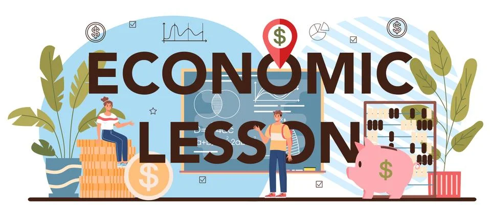 Economic lesson typographic header. Student studying global economics Illustrazione stock