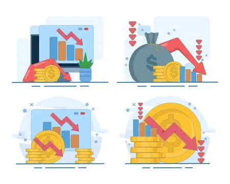 Economic recession set featuring falling currency value, declining income Stock Illustration