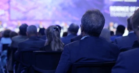 Economic summit with head of countries briefing with journalists in auditorium. Stock Footage 116808806