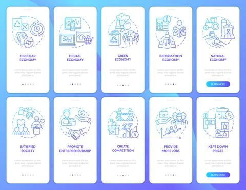 Economic systems blue gradient onboarding mobile app screen set Ilustração Stock